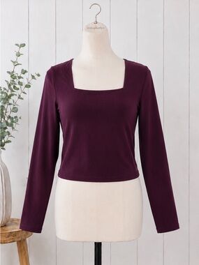 Express Square Neck Long Sleeve Top Burgundy - Size S